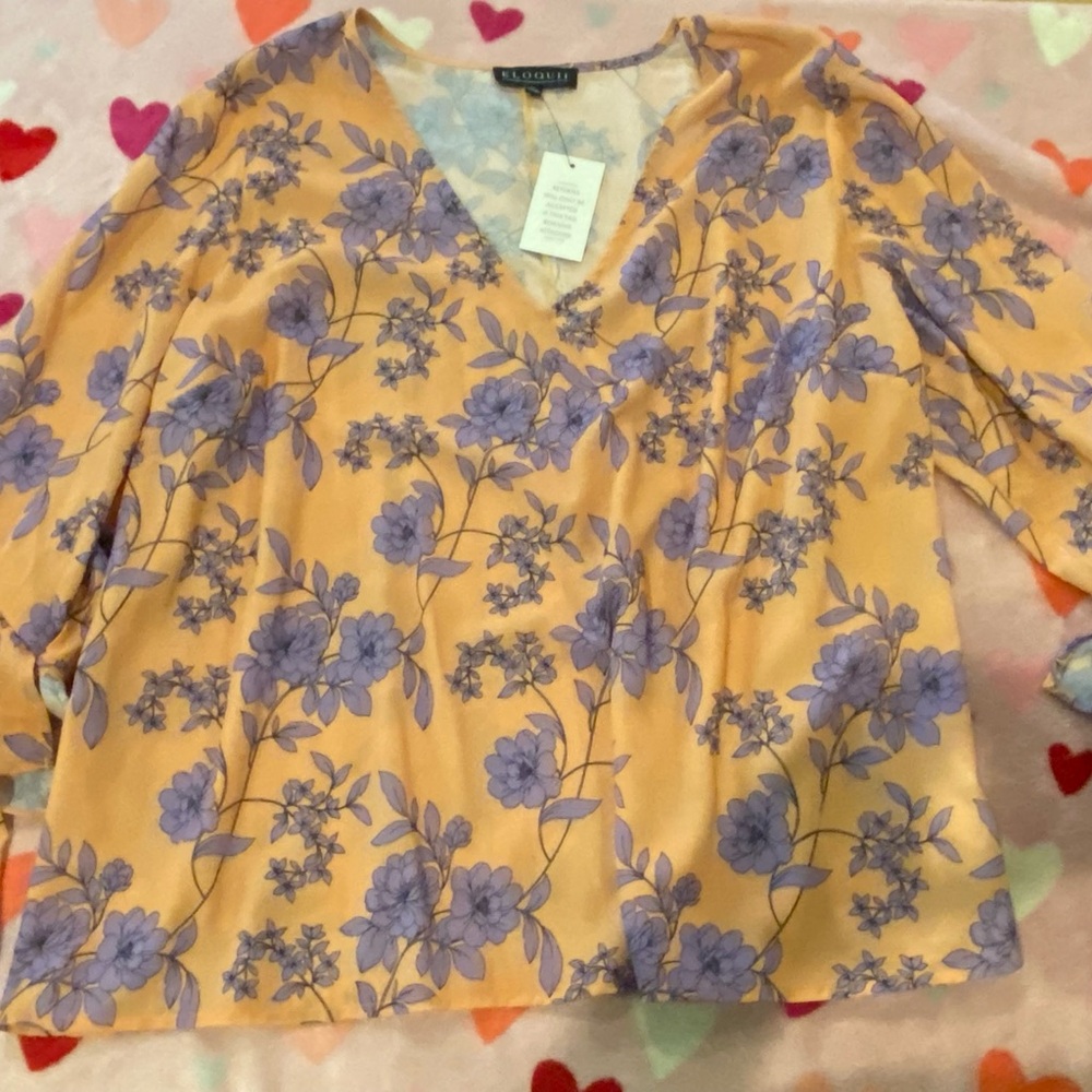 Eloquii Apricot & Lavender Relaxed Floral Blouse with Ruffle Cuffs